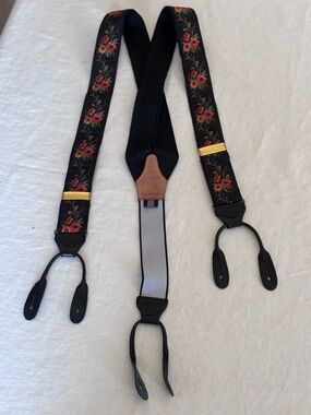 Vintage Albert Thursten Made in England Jaquard Ribbon Woven Floral Suspenders